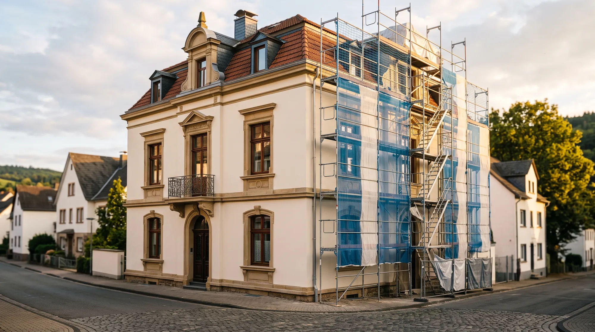 Sanierte Gründerzeit-Fassade mit Gerüst im Abendlicht