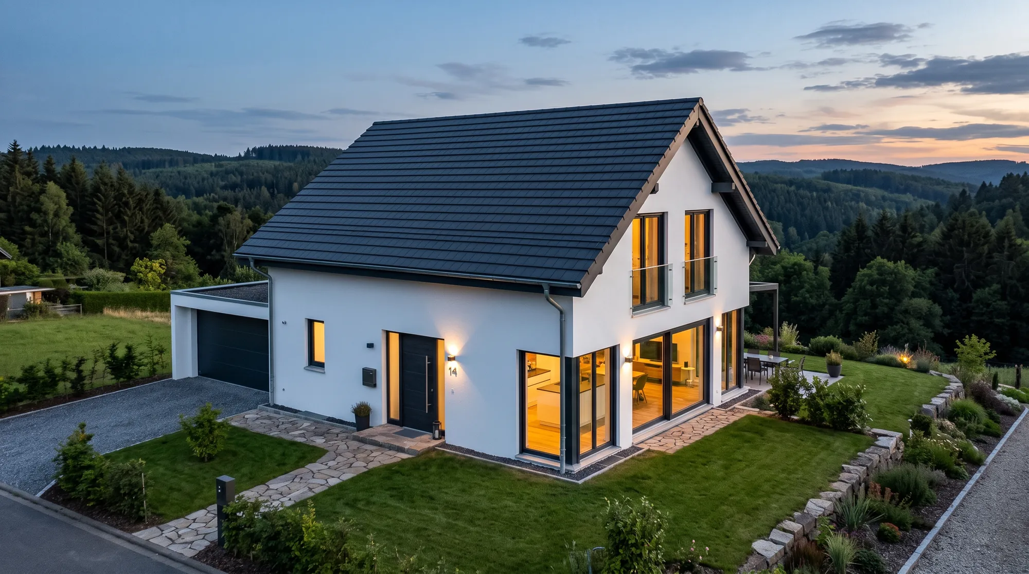 Schlüsselfertiges Einfamilienhaus in der Abenddämmerung